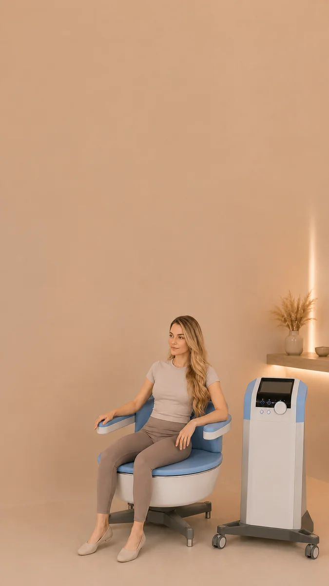 A woman seated, fully clothed, on the Emsella chair